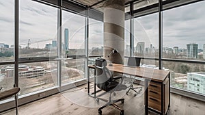 Contemporary loft office with unobstructed views of the city skyline from large windows