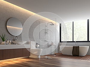 Contemporary loft style bathroom with concrete tile wall 3d render