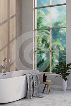 A contemporary luxurious bathroom features a bathtub near the large window with green garden view