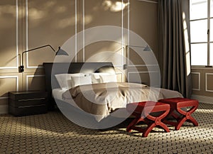 Contemporary luxury bedroom with red stools