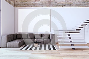 Contemporary luxury living room interior with empty white mock up banner on wall, furniture and decorative items. Interior design