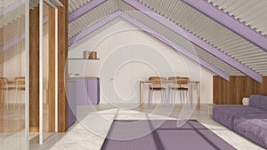 Contemporary mansard in white and purple tones. Kitchen, living and dining room with sofa and table. Iron beams and resin floor.