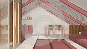 Contemporary mansard in white and red tones. Kitchen, living and dining room with sofa and table. Iron beams and resin floor.