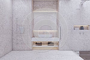 Contemporary marble bathroom interior. Hotel, luxury design concept. 3D