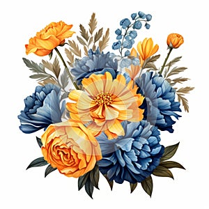 Contemporary Marigold Arrangement: Watercolor Clipart With Denim Blue Hues