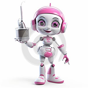 Contemporary Metallurgy: Cute Pink Robot With Headphones Holding A Bottle photo