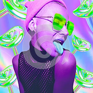 Contemporary minimal art collage. Psychedelic Lady, Hallucination, drugs concept. Mushroom microdosing trends