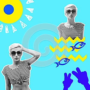 Contemporary minimal art collage. Tropical Girl fashion beach style. Vacation summer time concept