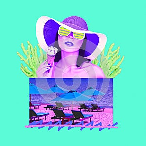 Contemporary minimal art collage. Tropical vintage Lady fresh fashion beach style. Vacation, summer, hot party time concept