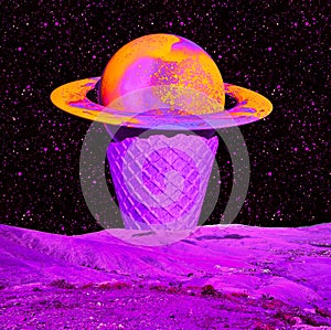 Contemporary minimal collage art. Mix of photos and texture. Creative Cosmic Saturn Ice cream
