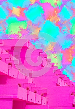 Contemporary minimal collage art. Mix of photos and texture illustrations. Surreal minimalist architecture pink hotel in colorfull