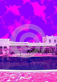 Contemporary minimal collage art. Mix of photos and texture  Surreal minimalist resort hotel magical view