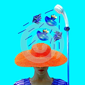 Contemporary minimal  collage art. Tropical shower, fashion beach style. Vacation, summer, party time concept