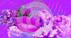 Contemporary minimal  collage banner art. Lips in purple abstraction. Cosmetics, lipstick  concept