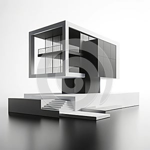 Contemporary minimalist house model with a monochrome palette on a white background