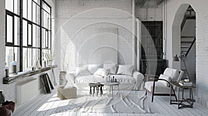 Contemporary minimalist white interior, Scandi Boho style, industrial interior. Generative Ai