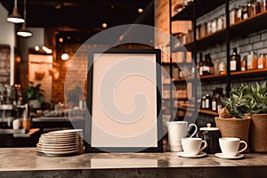 Contemporary mock-up of a blank menu frame on caf?? shop table photo