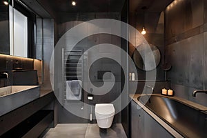 Contemporary modern bathroom interior in dark black colors and concrete elements.