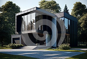 Contemporary modern house. Architect's house. House with large windows. Real estate. Real estate agency. Real estate agent