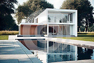 Contemporary modern house with swimming pool and garden.