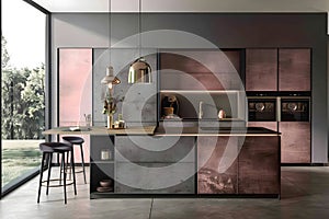 Contemporary modern kitchen interior in shady rose pink colors and concrete details.