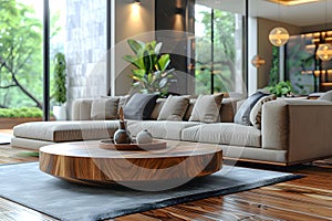 Contemporary modern living room cozy interior with real wood hardware edge slab coffee table