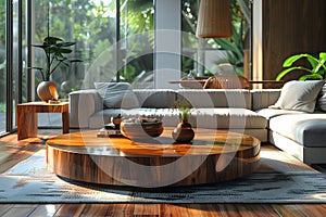 Contemporary modern living room cozy interior with real wood hardware edge slab coffee table