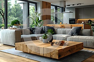 Contemporary modern living room cozy interior with real wood hardware edge slab coffee table