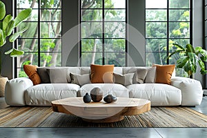 Contemporary modern living room cozy interior with real wood hardware edge slab coffee table