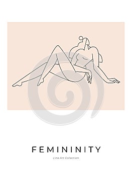 Contemporary modern poster. Woman silhouette, nude female body in abstract pose, feminine figure design. Line art