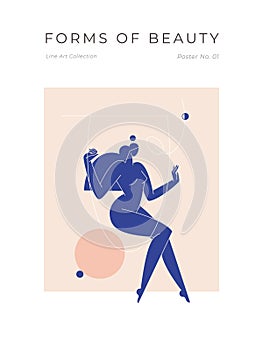 Contemporary modern print. Woman silhouette, nude female body in abstract pose, mid century composition with geometric