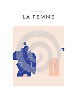 Contemporary modern print. Woman silhouette, nude female body in abstract pose, mid century composition with geometric