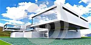 Contemporary newly built house against the cloudy sky. The walls finished with white plaster. 3d rendering