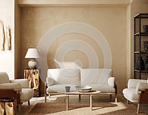 Contemporary nomadic home interior background in warm beige tones