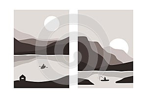 Contemporary nordic landscape posters. Abstract nature backgrounds minimalist scandinavian style. Vector mountains art