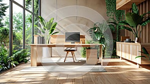 Contemporary office design with sustainable elements like bamboo desktops and recycled paper, ideal for companies photo