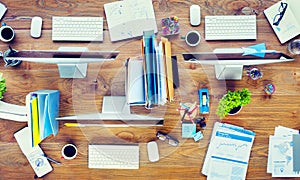 Contemporary Office Desk with Computers and Office Tools