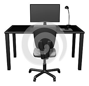 Contemporary Office Desk Scene with Computer and Chair from Behind