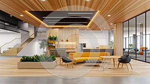 Contemporary Office Interior with Empty Wall for Mockup Template - 3D Rendering