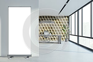 Contemporary office interior with empty white mock up roll-up banner, decorative wooden wall and panoramic window with city view.