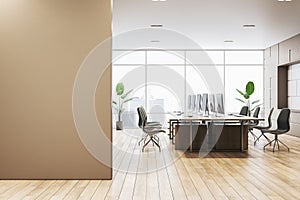Contemporary office interior with minimalist style and mockup blank wall.