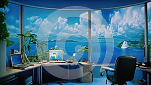 Contemporary office interior with panoramic view of the sea and islands, A computer room offers a view of the sea, islands, and