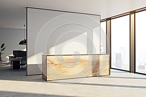 Contemporary office interior with sunlight, reception desk, window with city view and mock up place on white wall. Wooden lobby.