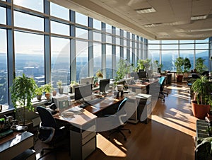 Contemporary office interiors elevated perspective camera shot