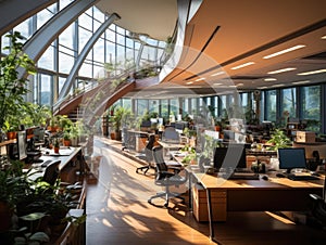 Contemporary office interiors elevated perspective camera shot