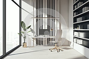 Contemporary office or library workplace with window and city view, empty mock up computer, sunlight, pot with plant, books and