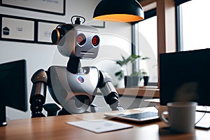 A robot in an office typing facing screen with coffee generated by ai photo