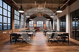 Contemporary office space with natural light, workstations, and stylish lighting creating a welcoming atmosphere