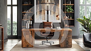 A contemporary office with a statement desk made from reclaimed wood with a sleek and modern design. The wood is sanded