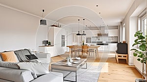Contemporary open plan kitchen with dining table set and gray sofa in light spacious room. Generative AI